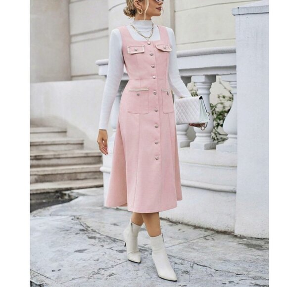 Flap Pocket Button Front Midi Dress Pink - Picture 4 of 6